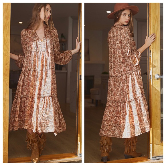 03 Boho Fabulous Geometric Printed Long sleeve dress - Picture 1 of 4